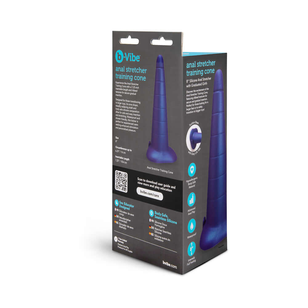 b-Vibe Anal Stretcher Training Cone product packaging showcasing its design and features for anal training.