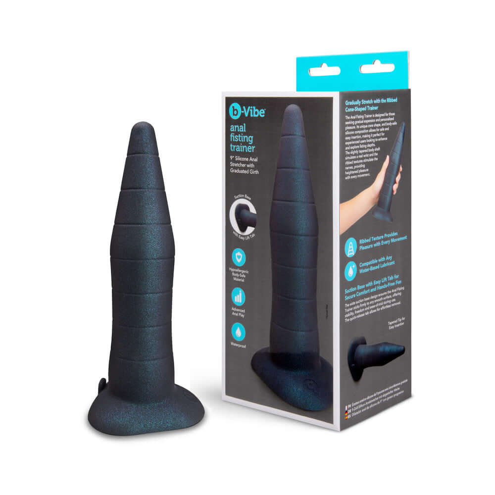 b-Vibe Fisting Anal Trainer showing tapered cone-shaped design for advanced anal training and safe stretching.