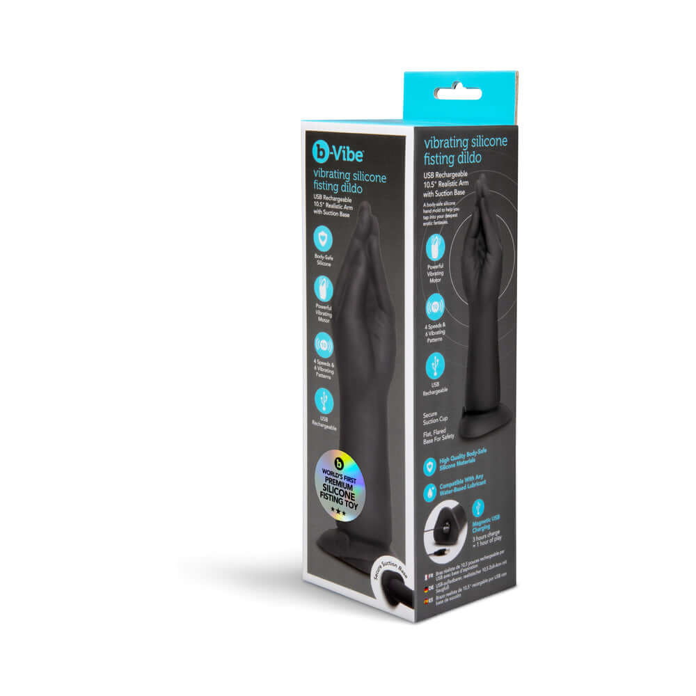 b-Vibe Vibrating Silicone Fisting Dildo packaging showcasing features and design.