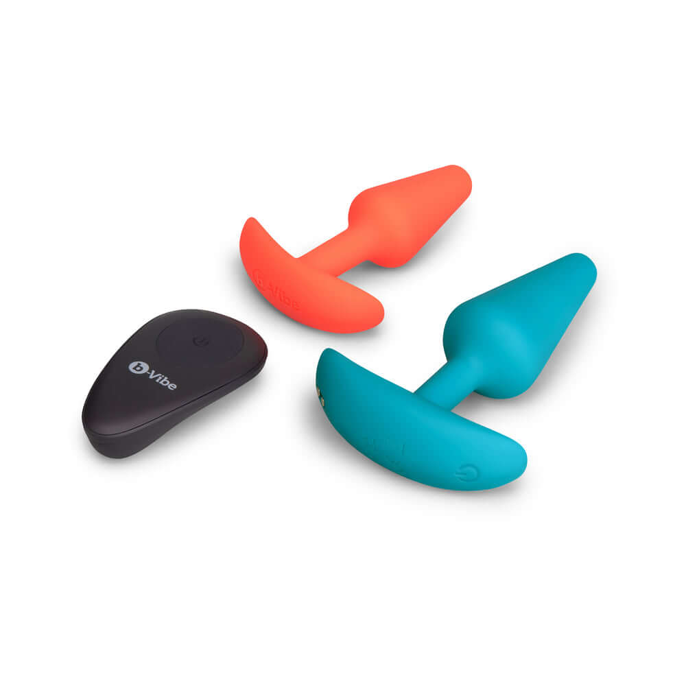 b-Vibe Butties Anal Training 2-Piece Set, featuring two silicone plugs and a remote control for stimulating anal play.