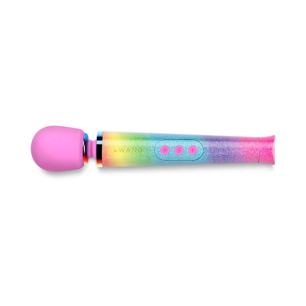 Le Wand Petite All That Glimmers Ombre compact wand massager in vibrant rainbow ombre finish.
