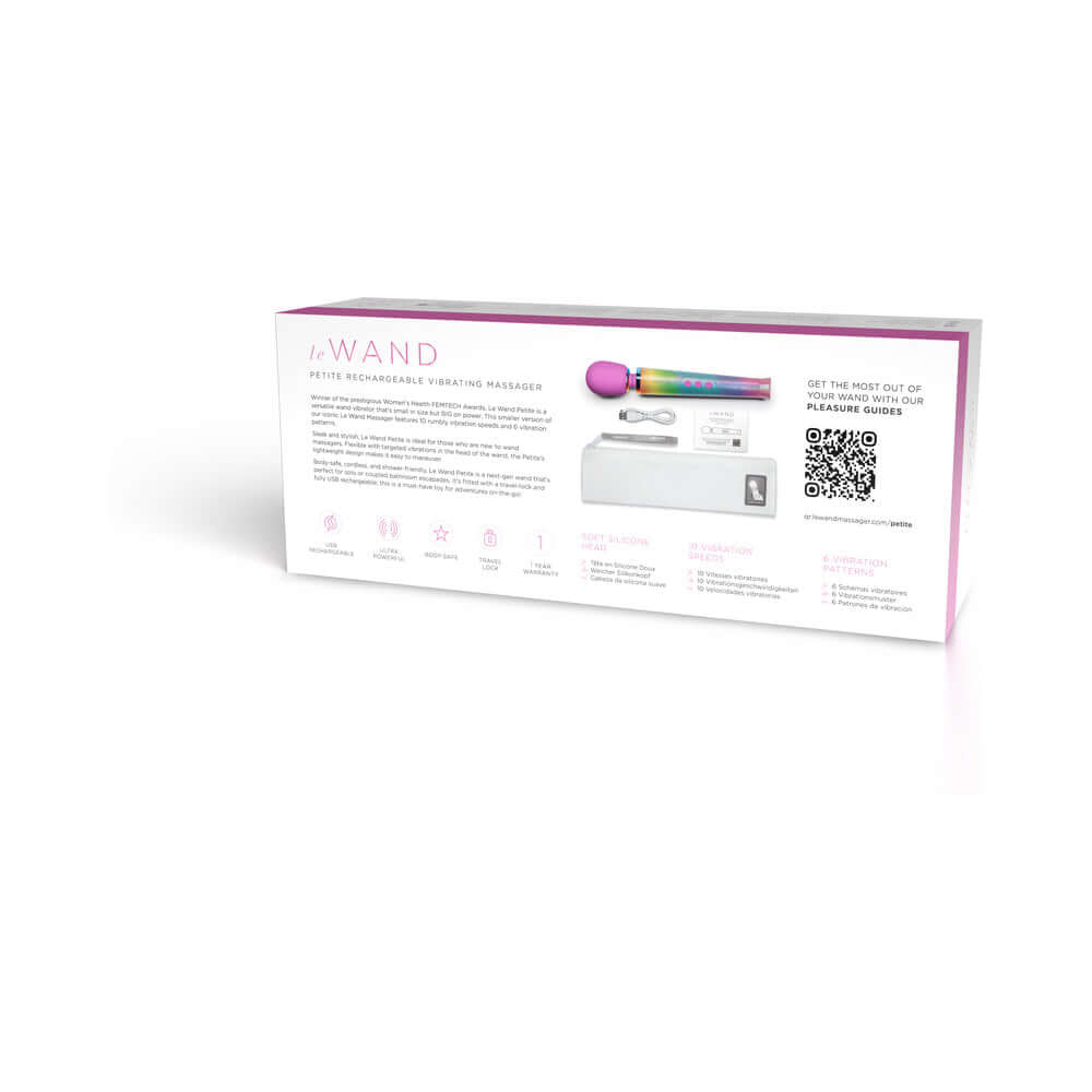 Le Wand Petite All That Glimmers Ombre packaging showcasing features and vibrant design of the massager.