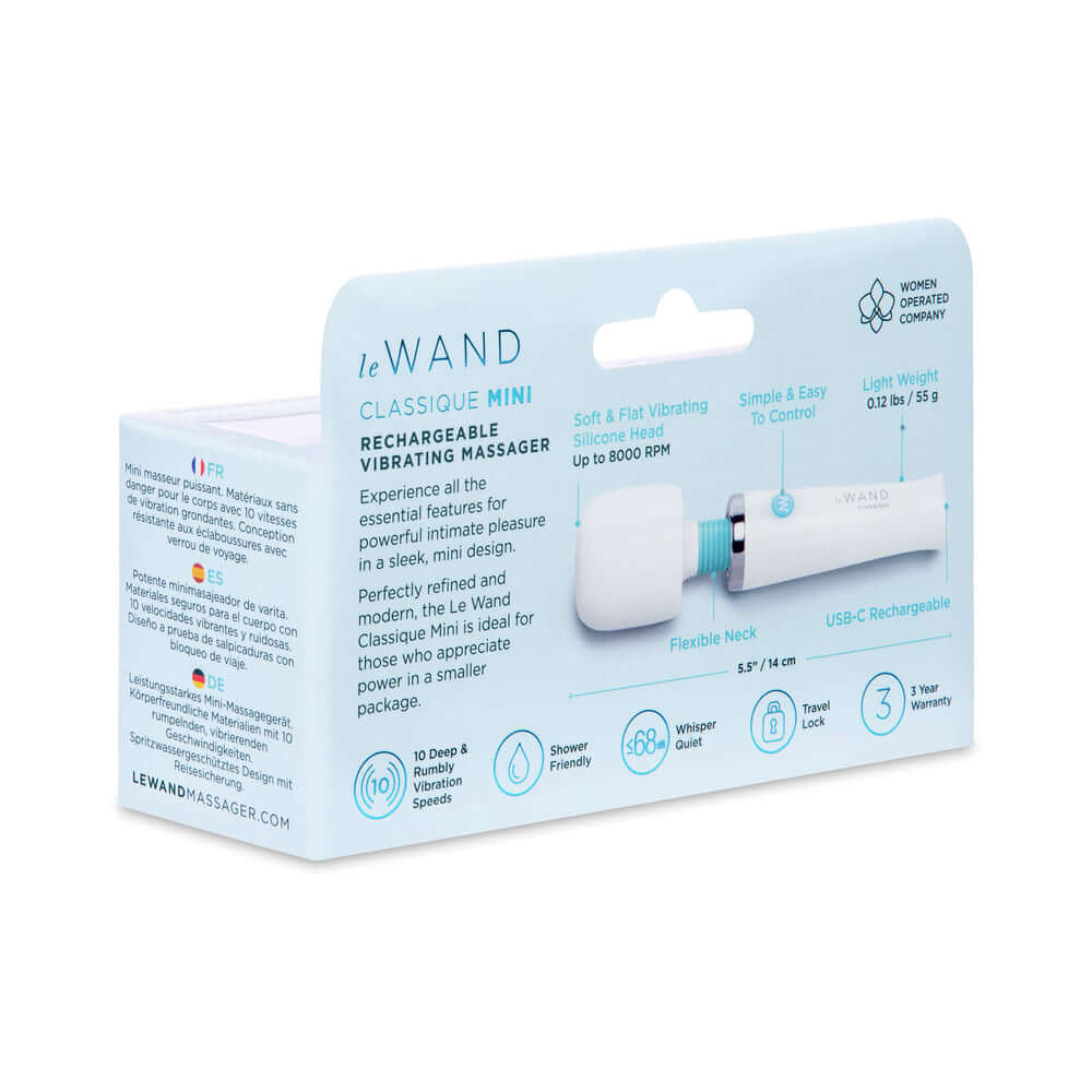 Le Wand Classique Mini Wand Massager packaging with features and specifications displayed.