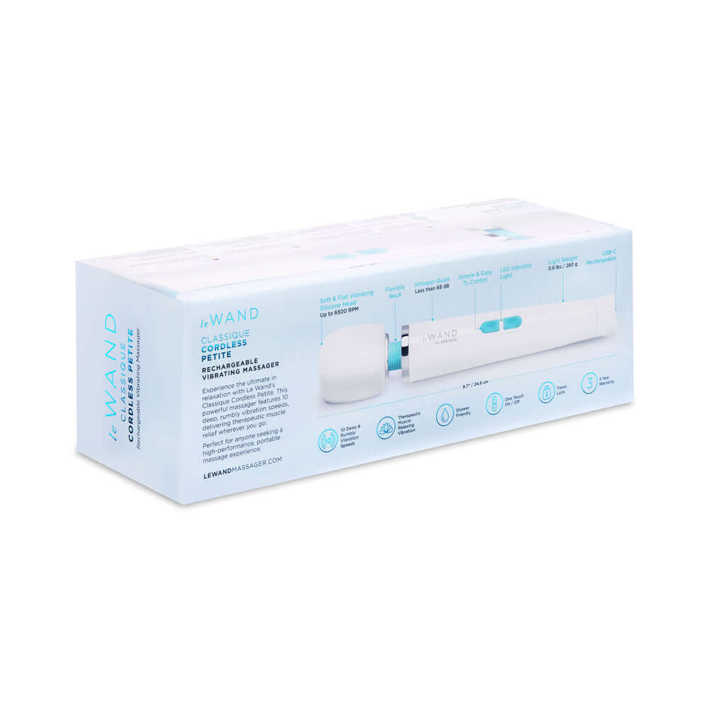 Le Wand Classique Petite Wand Massager packaging showing features and design, ideal for muscle relief.