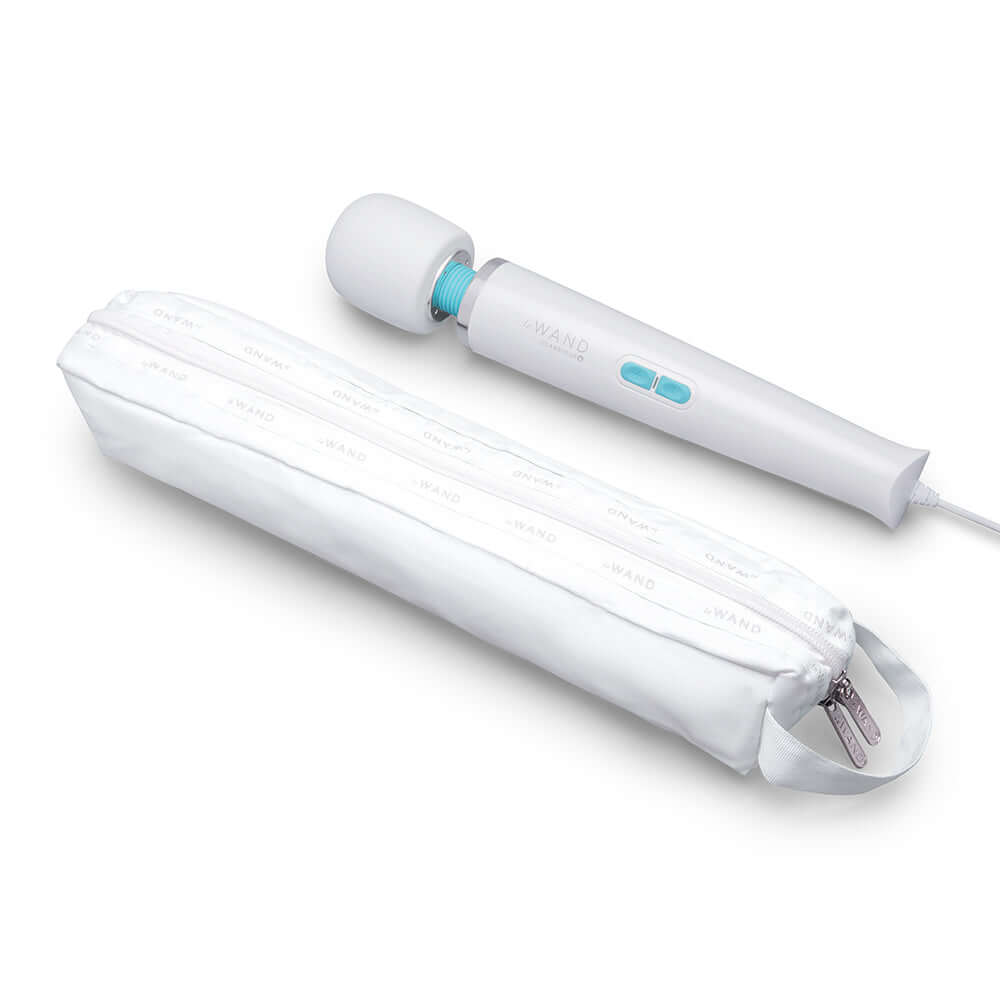 Le Wand Classique Plug-In Wand Massager alongside its storage pouch, showcasing its sleek design and corded functionality.