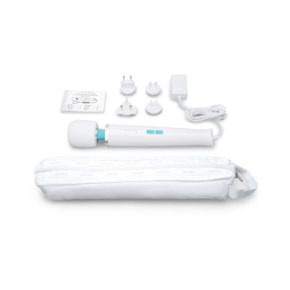 Le Wand Classique Plug-In Wand Massager with accessories and storage pouch displayed on a white background.