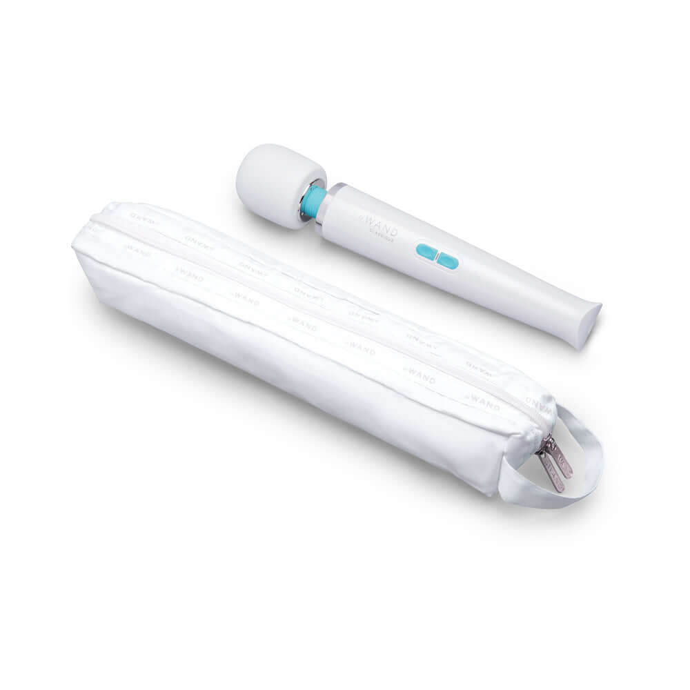 Le Wand Classique Rechargeable Wand Massager with storage pouch, designed for powerful vibration and muscle relief.