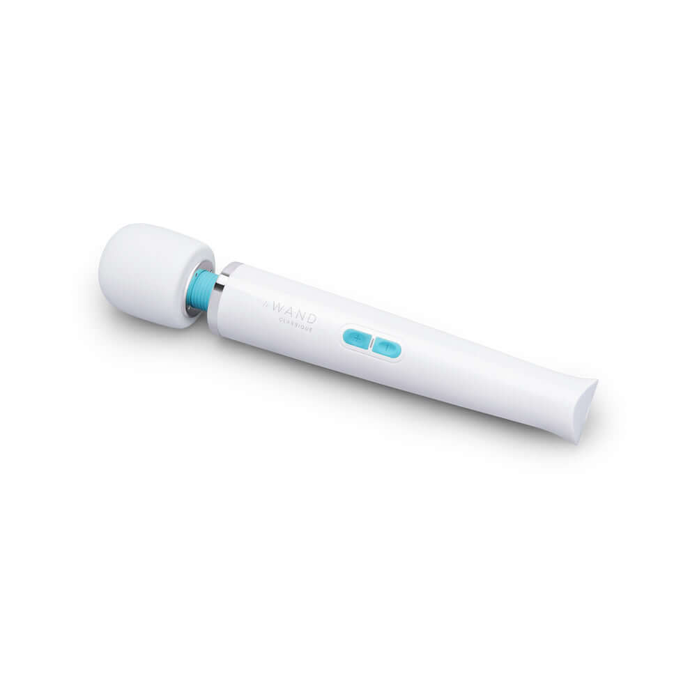 Le Wand Classique Rechargeable Wand Massager in white with blue controls for powerful, deep vibration and muscle relief.