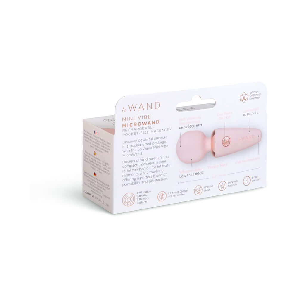 Le Wand Mini Micro Wand Rose Gold packaging showcasing features and specifications for discreet pleasure.