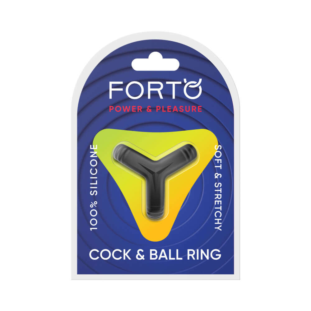 Forto F-59 Tri Cock & Ball Ring Black packaging showcasing 100% silicone design for comfort and stability.