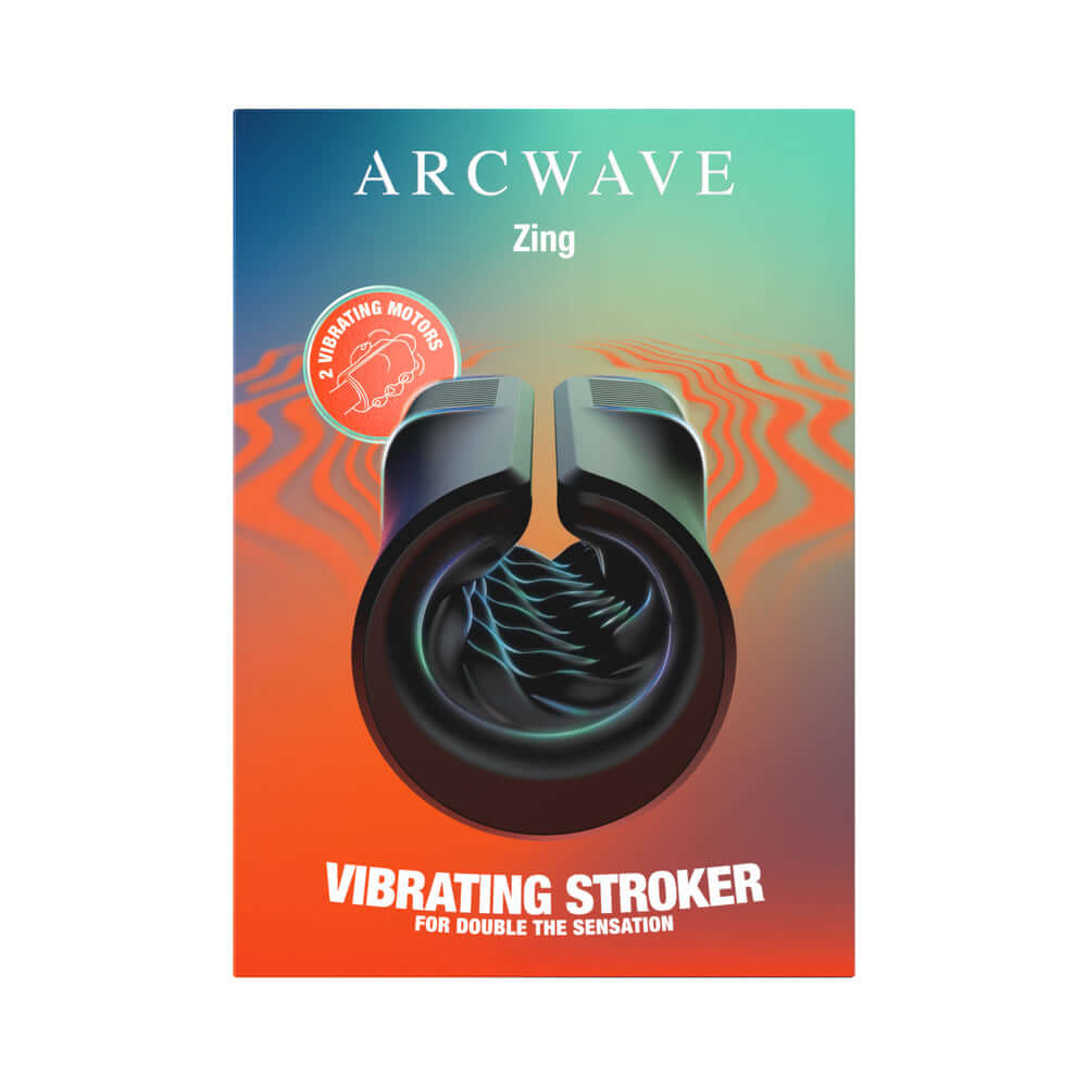 Arcwave Zing Vibrating Half Sleeve Dual Motor Masturbator packaging featuring a unique design and highlight of dual vibrating motors.