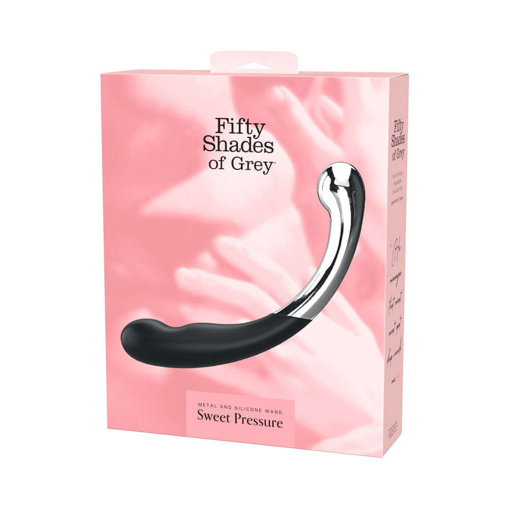 Fifty Shades of Grey Sweet Pressure Silicone and Metal Wand packaging featuring elegant design.