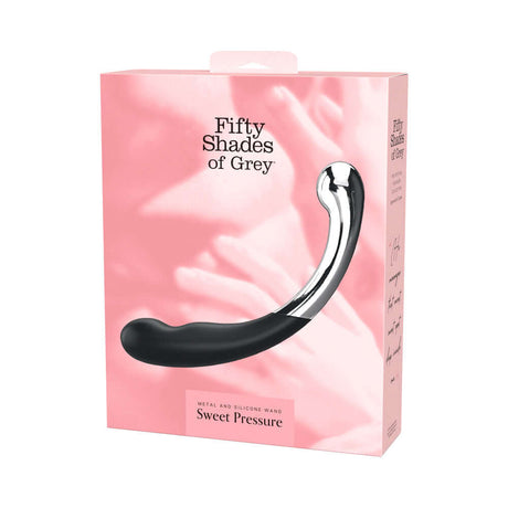 Fifty Shades of Grey Sweet Pressure Silicone and Metal Wand packaging featuring elegant design.