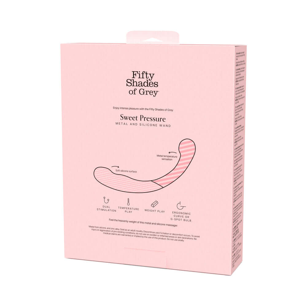 Fifty Shades of Grey Sweet Pressure Silicone and Metal Wand product packaging showcasing elegant design and features.