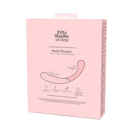 Fifty Shades of Grey Sweet Pressure Silicone and Metal Wand product packaging showcasing elegant design and features.
