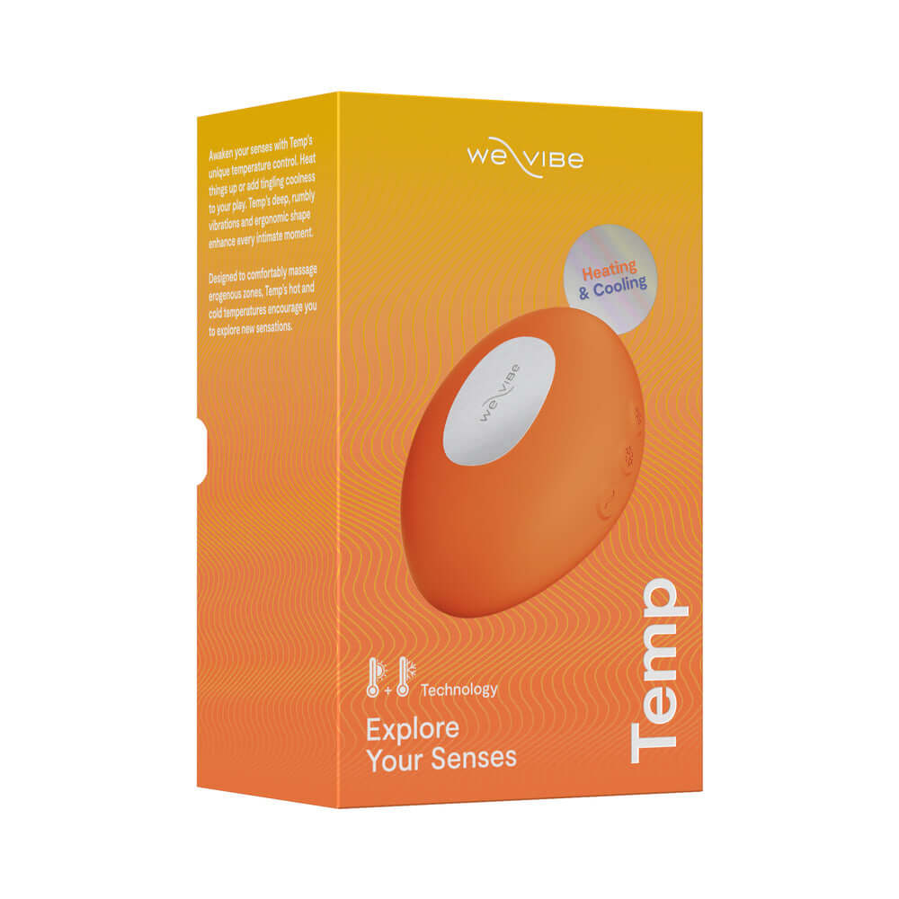 We-Vibe Temp Clitoral Massager Tangerine packaging featuring heating and cooling technology for enhanced pleasure.