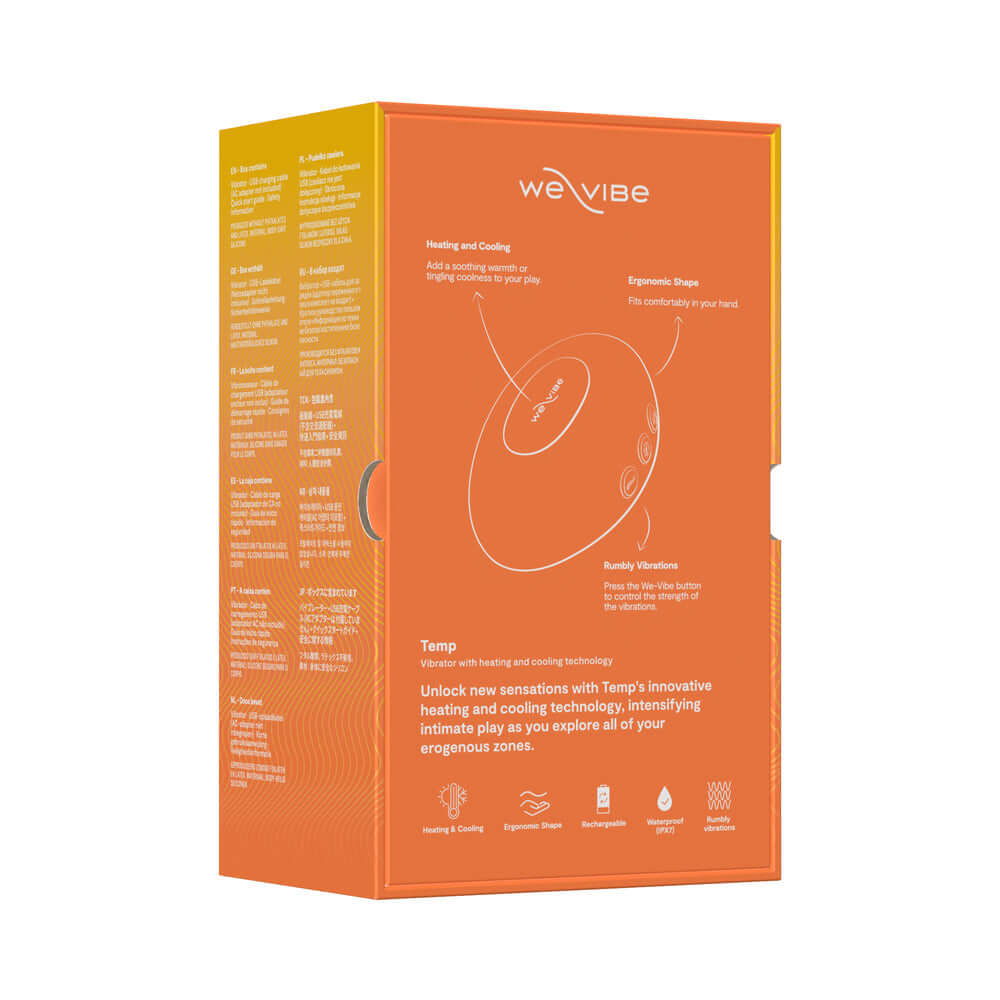 We-Vibe Temp Clitoral Massager Tangerine packaging showcasing ergonomic design and heating & cooling features.