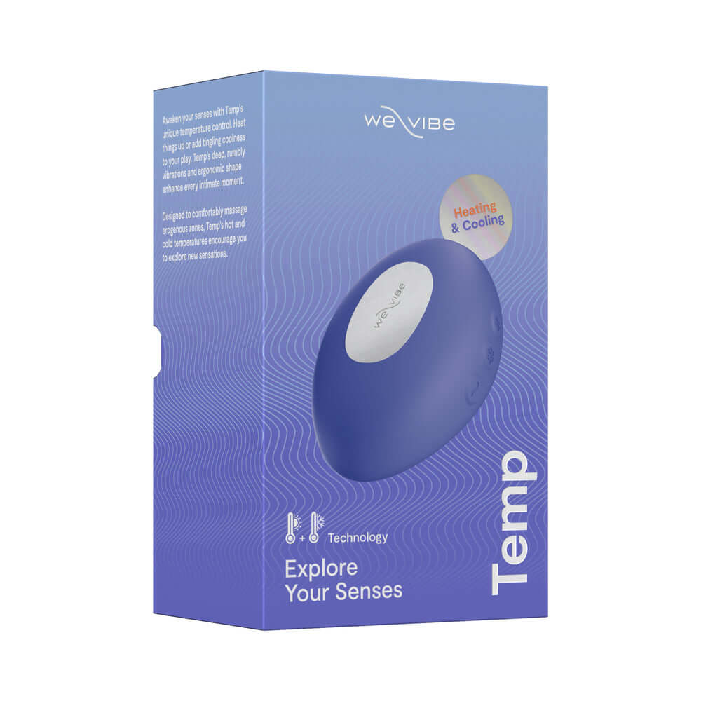 We-Vibe Temp Clitoral Massager Lavender Blue packaging, featuring temperature-control technology for enhanced pleasure.