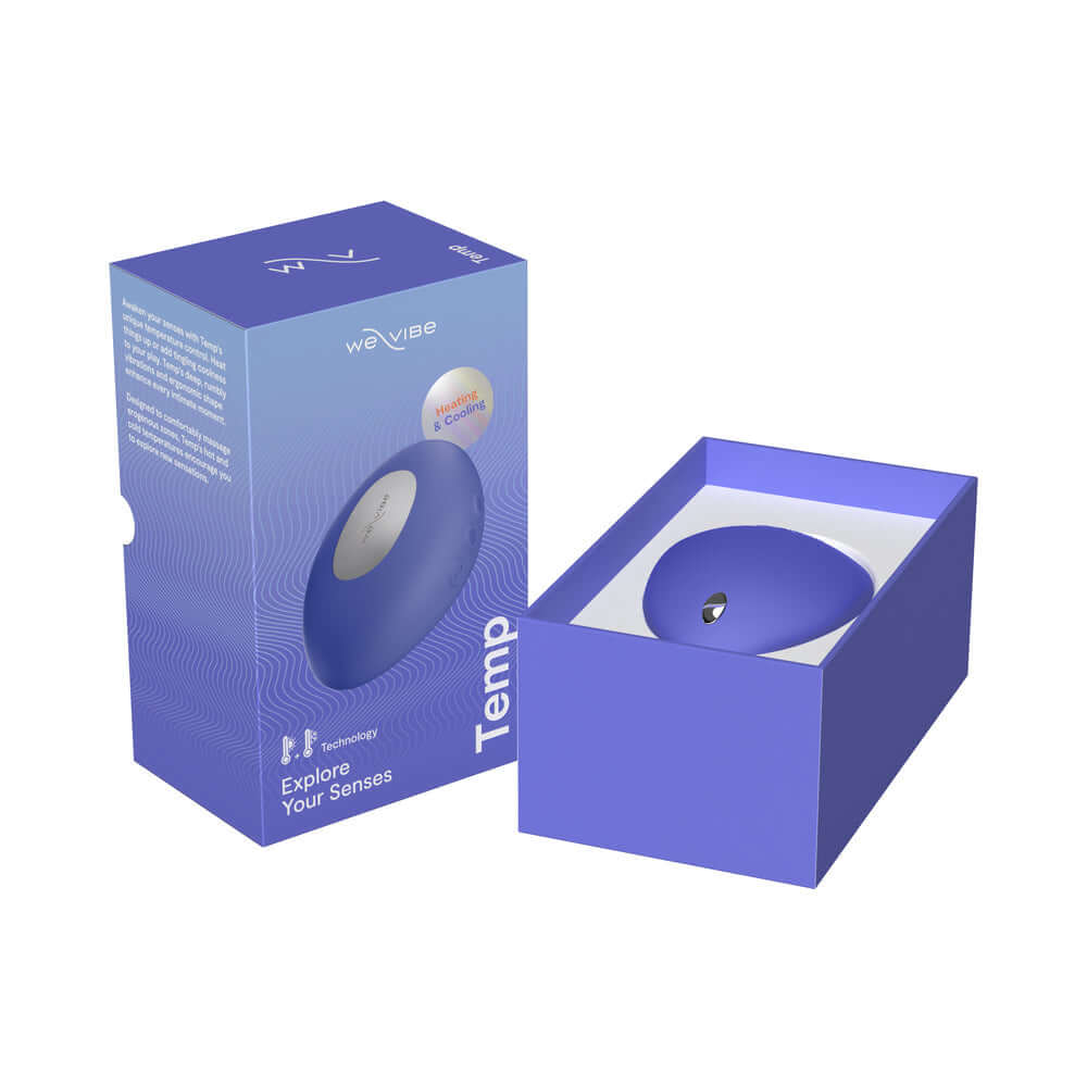 We-Vibe Temp Clitoral Massager Lavender Blue in its packaging showcasing temperature-control technology.