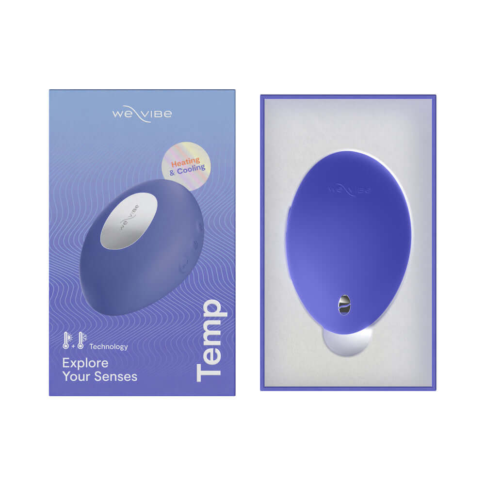 We-Vibe Temp Clitoral Massager Lavender Blue in packaging showcasing heating and cooling technology.