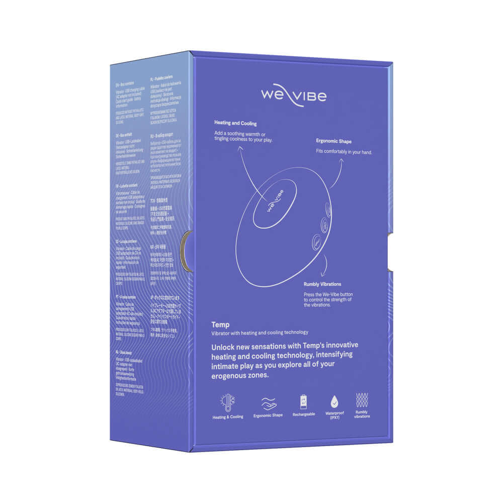 We-Vibe Temp Clitoral Massager Lavender Blue product packaging showcasing heating and cooling technology.
