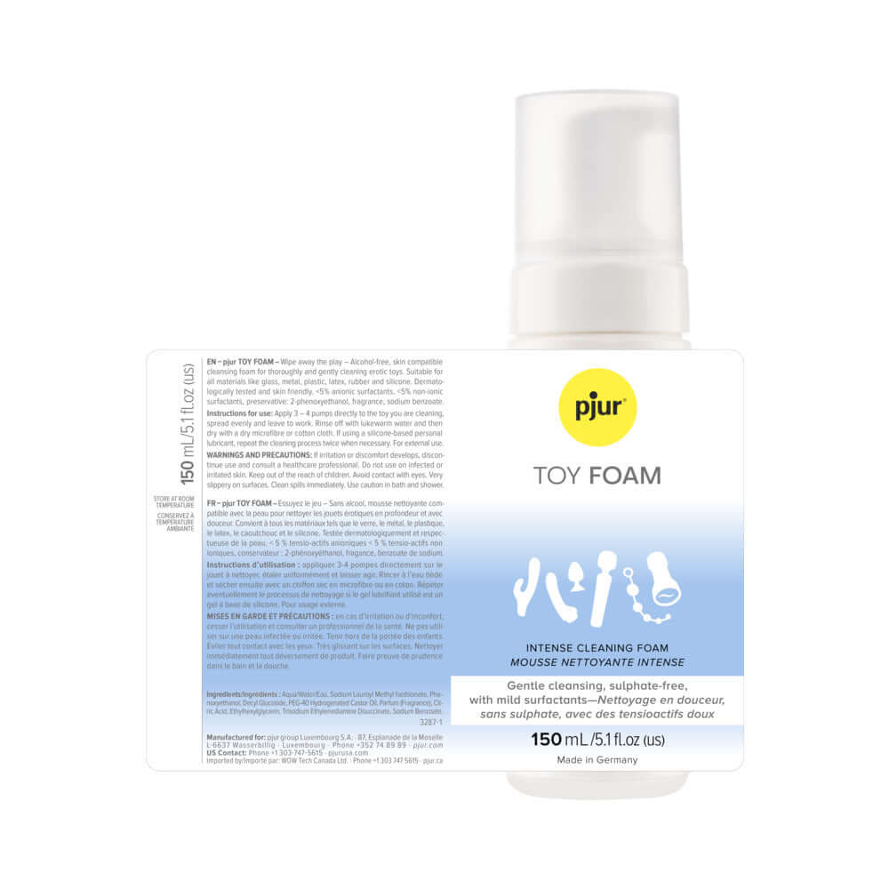 pjur TOY Intense Cleaning Foam 5 Oz bottle with label and instructions for cleaning intimate accessories.