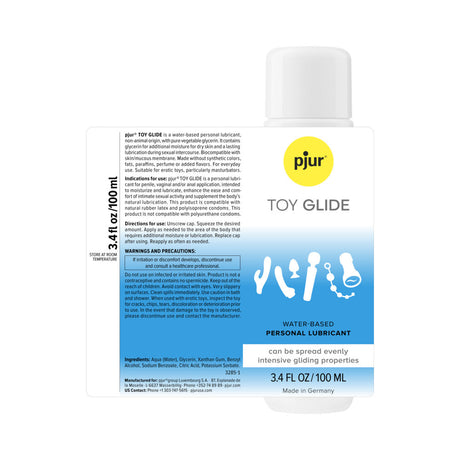 pjur TOY GLIDE Water-based Lubricant 3.4 Oz bottle with label displaying product information and usage instructions.