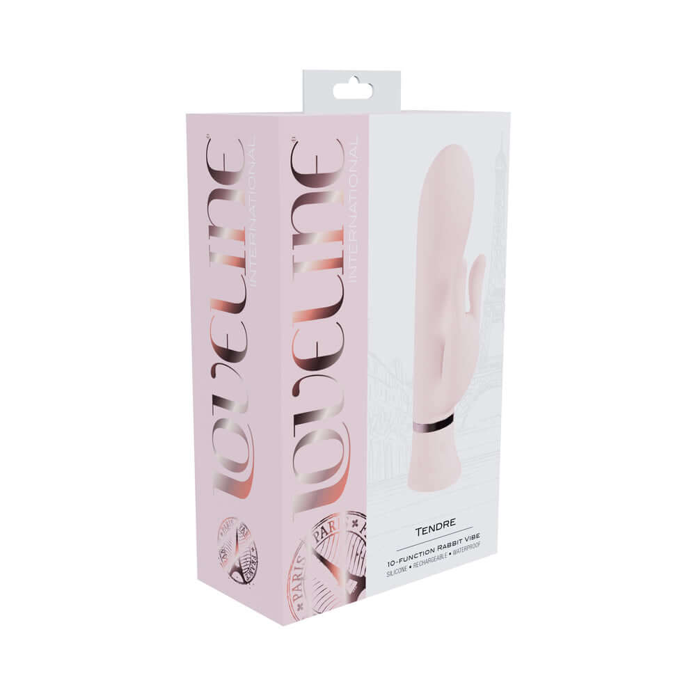 Loveline Tendre Rechargeable Silicone Rabbit Vibrator Pink packaging with elegant design and product details.