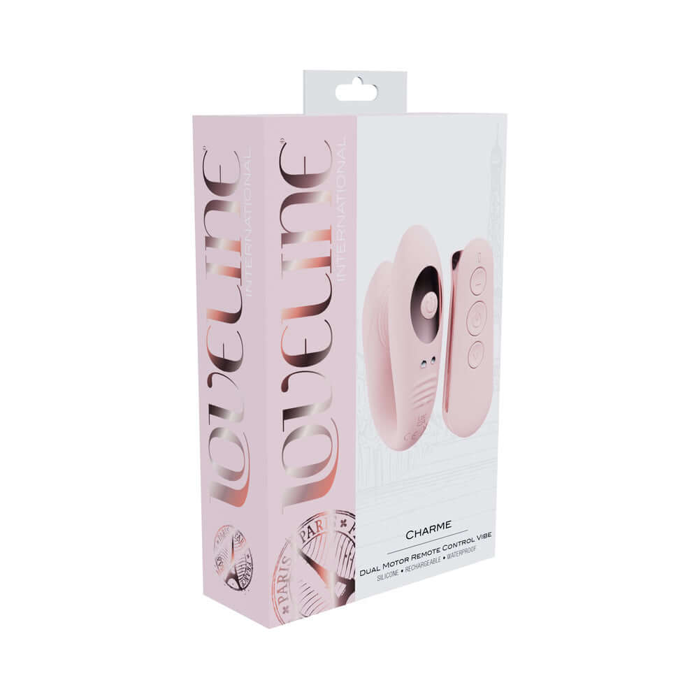 Loveline Charme Rechargeable Dual Motor Vibrator Pink packaging showcasing its sleek design and dual-stimulation features.
