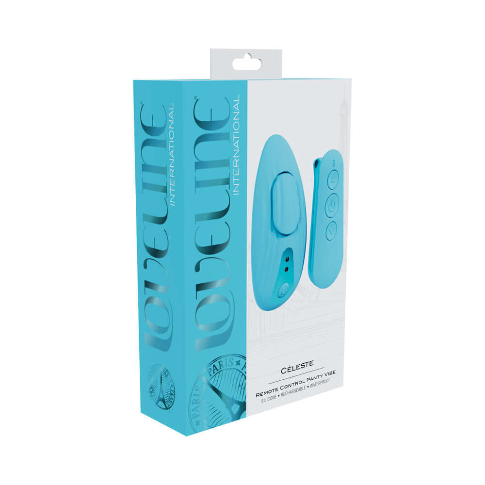 Loveline Celeste Rechargeable Remote Control Panty Vibrator Blue packaging front view.