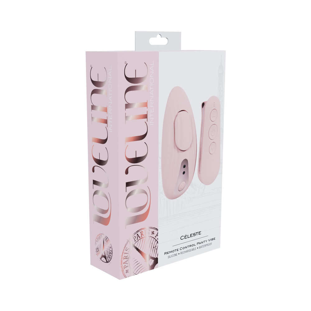Loveline Celeste Vibrating Remote Control Panty Vibrator Pink packaging with remote and detailed design.
