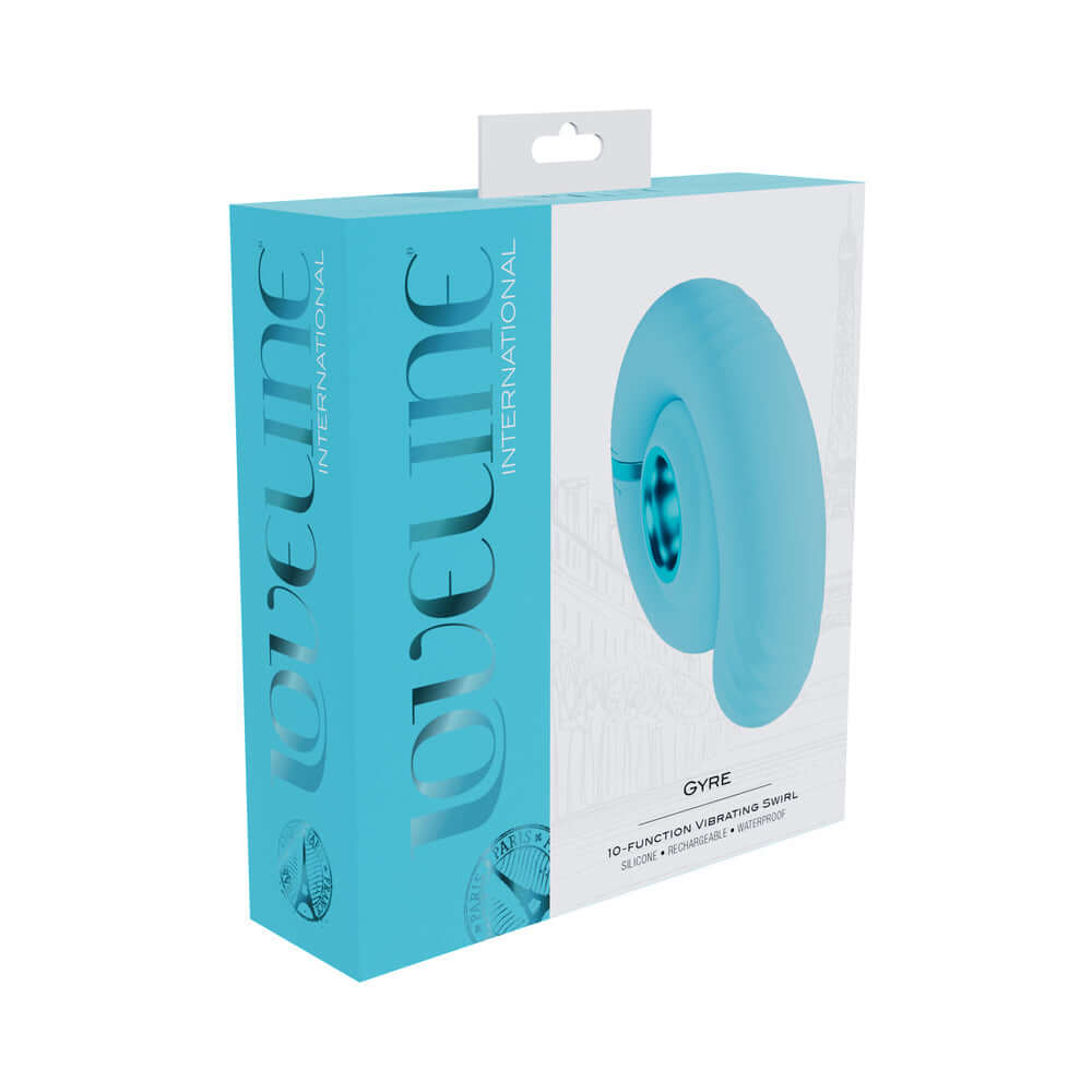 LoveLine Gyre Rechargeable Silicone Vibrating Swirl Blue product packaging showcasing elegant design and features.