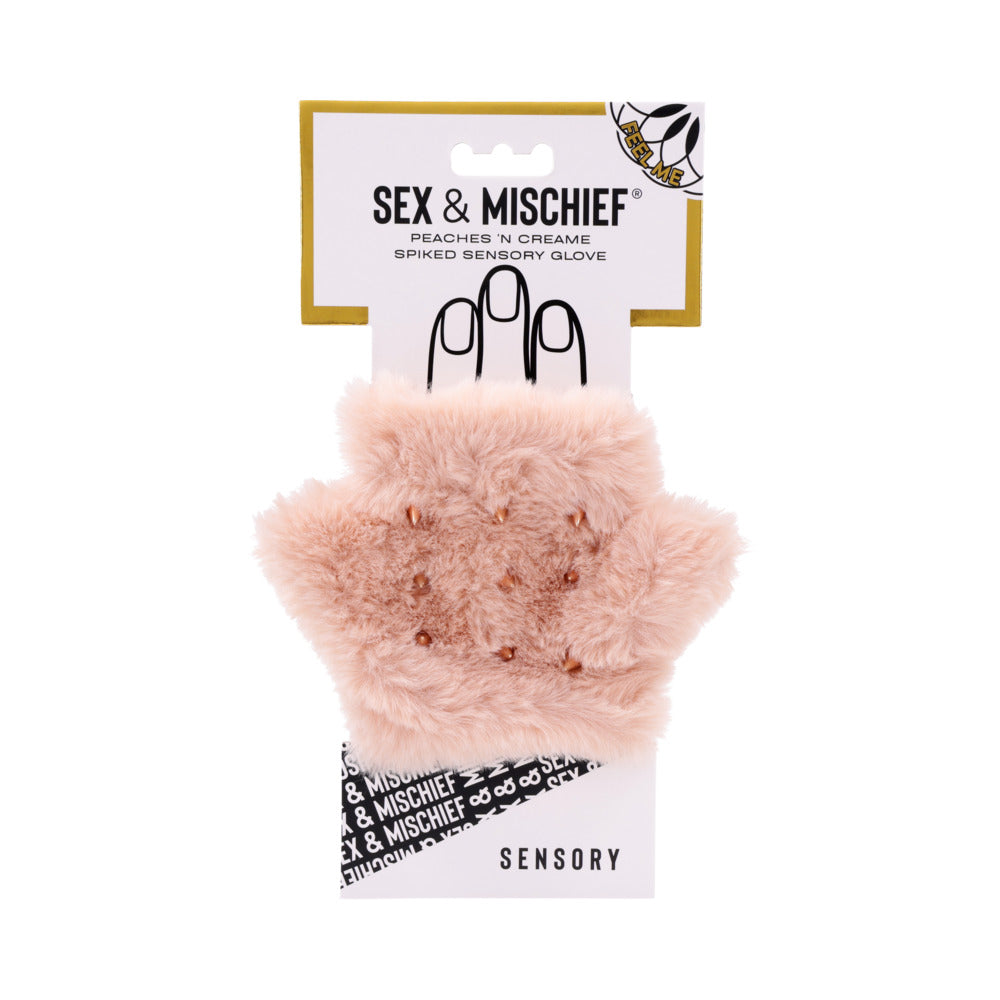 Sportsheets Sex & Mischief Peaches n CreaMe Spiked Sensory Glove in fluffy pink design with spikes for sensory play.