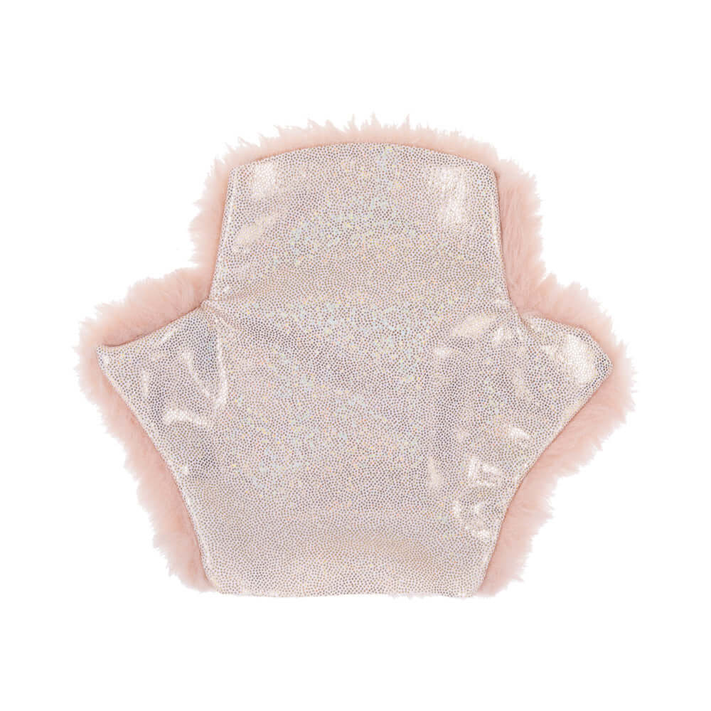 Sportsheets Sex & Mischief Peaches n CreaMe Spiked Sensory Glove in pink with fluffy edges and shimmering surface.