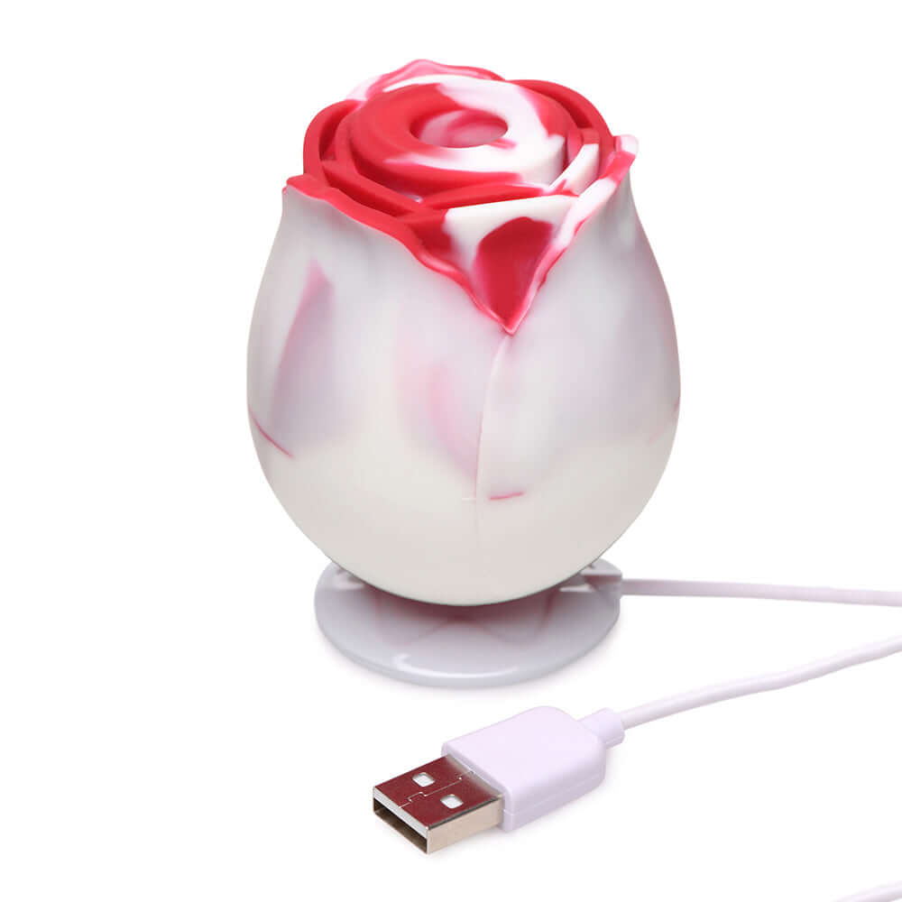 Bloomgasm The Rose Lovers Gift Box Swirl rose-shaped clitoral stimulator with USB charging, elegant design.