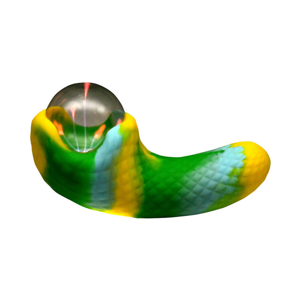 Creature Cocks Electric Eye Plasma Vibrator with textured scales in vibrant green, blue, and yellow tones.