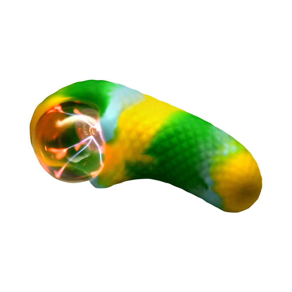 Creature Cocks Electric Eye Plasma Vibrator with vibrant green, blue, and yellow textured design.