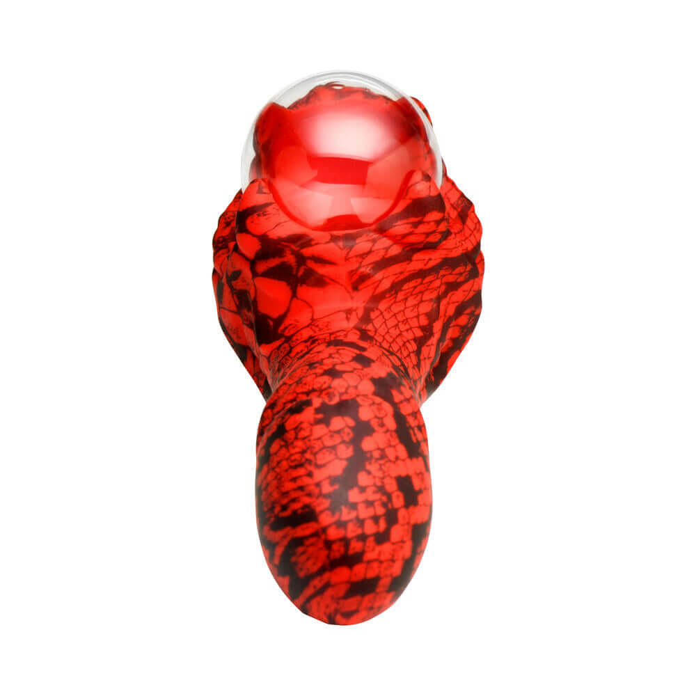 Creature Cocks Cobra Scepter Plasma Vibrator with red and black cobra-like scales and a round tip.