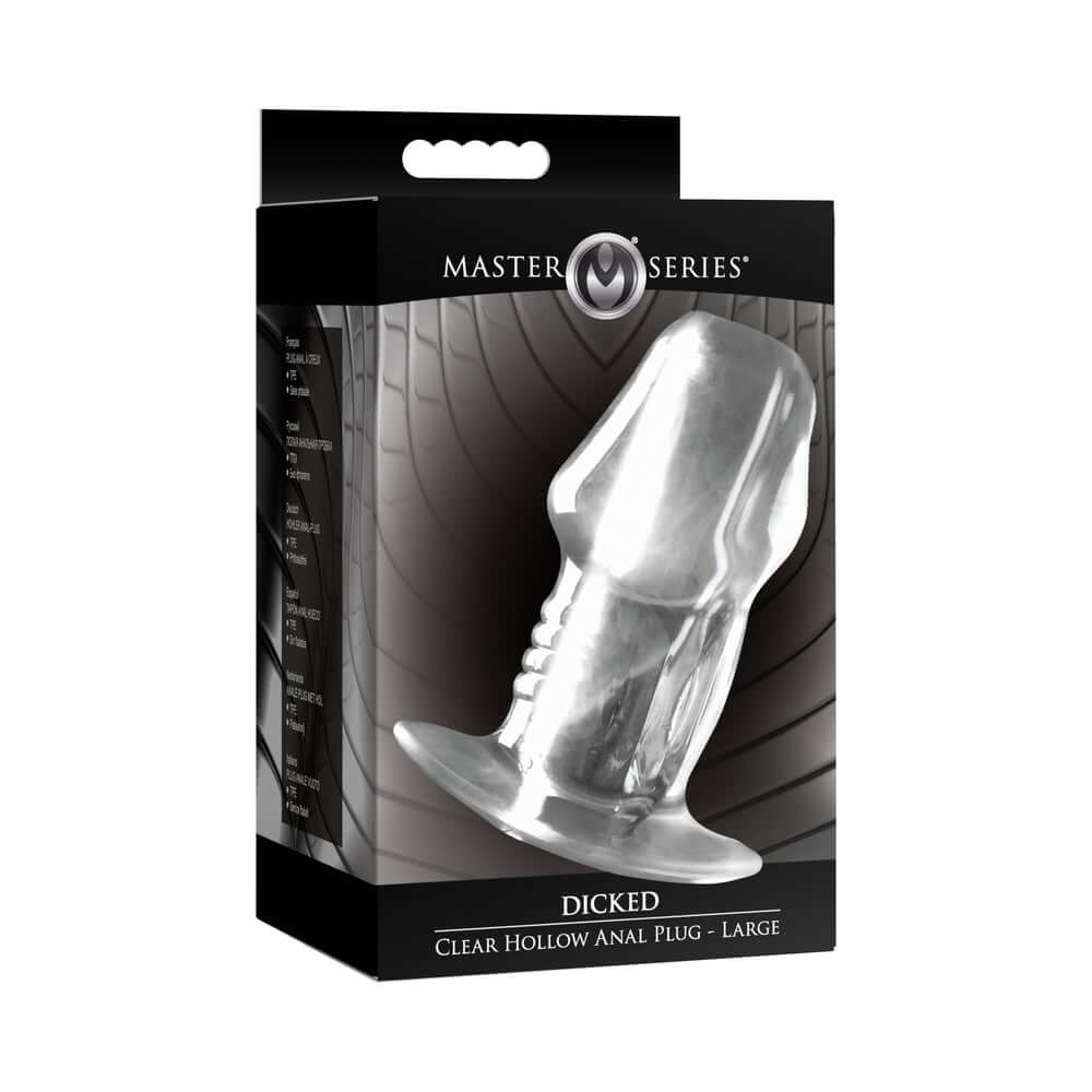 Master Series Dicked Clear Hollow Anal Plug Large in its packaging, designed for intense anal pleasure and exploration.
