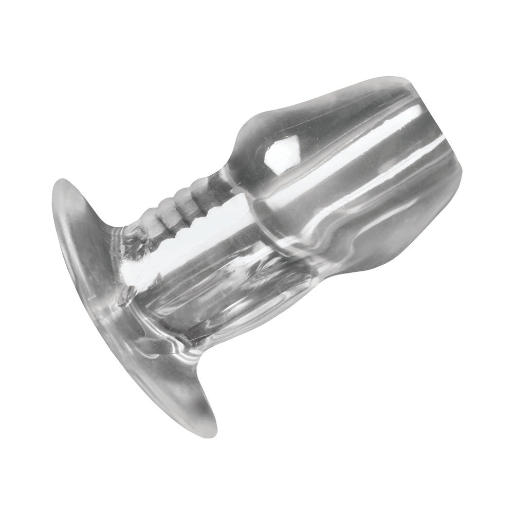 Master Series Dicked Clear Hollow Anal Plug Small showcasing its transparent design and hollow interior.