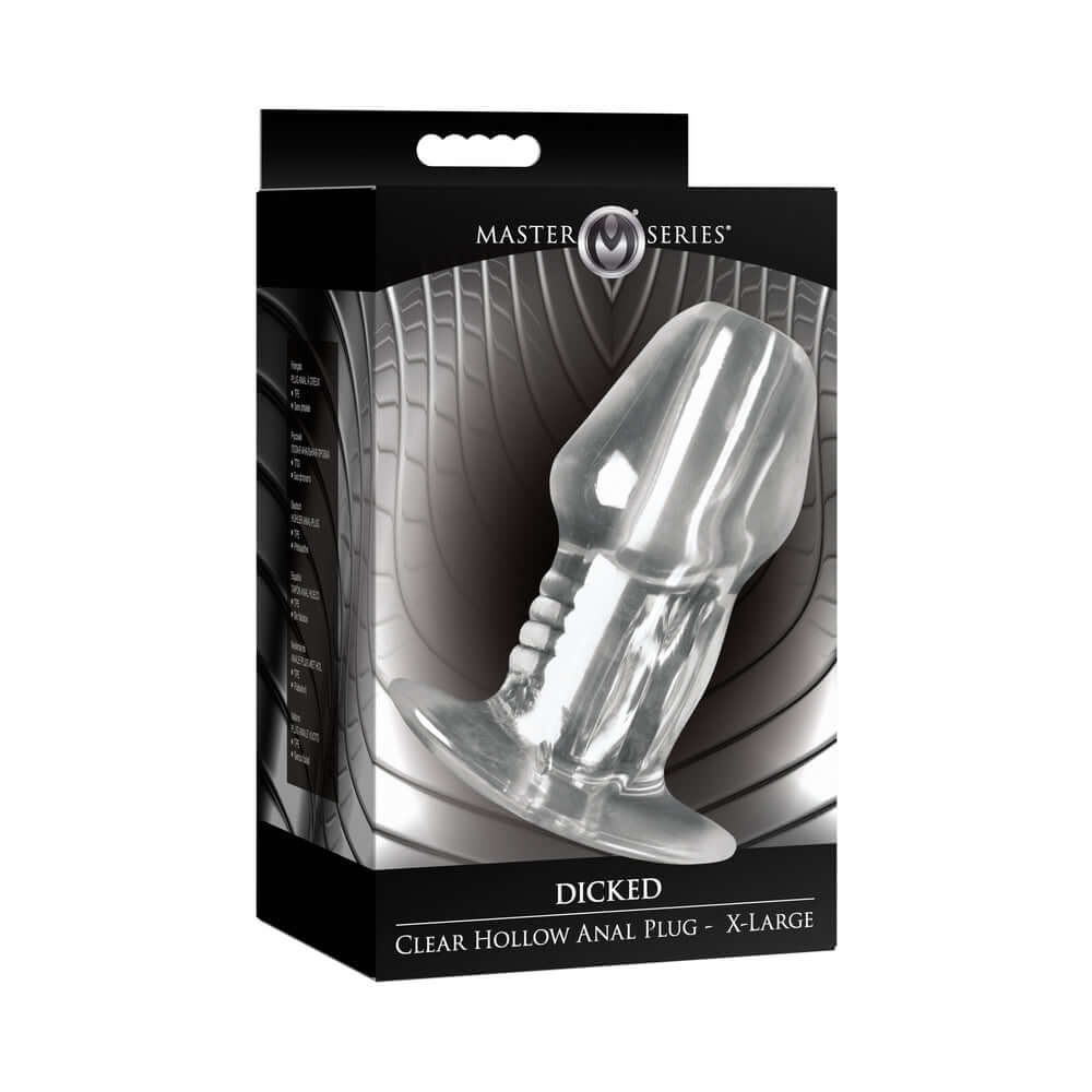 Master Series Dicked Clear Hollow Anal Plug XLarge packaging displayed on a black background.