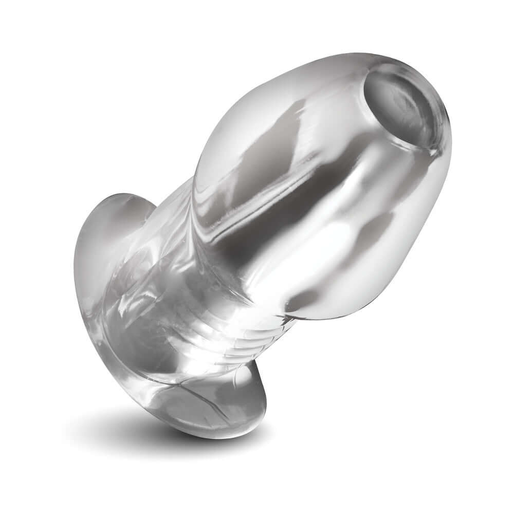 Master Series Dicked Clear Hollow Anal Plug XLarge showcasing its transparent design and hollow features.