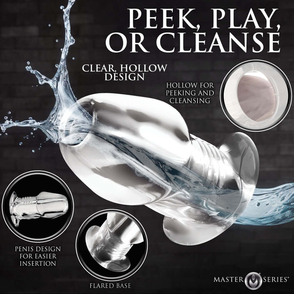Master Series Dicked Clear Hollow Anal Plug XLarge with clear hollow design and flared base for enhanced pleasure.