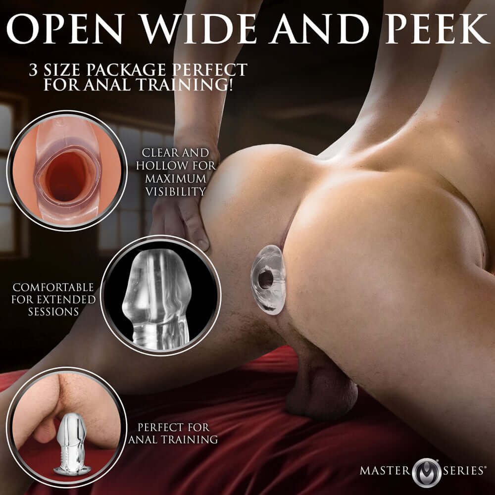 Open wide and peek at the Master Series Dicked Clear Hollow Anal Plug XLarge for maximum visibility and comfort in anal training.