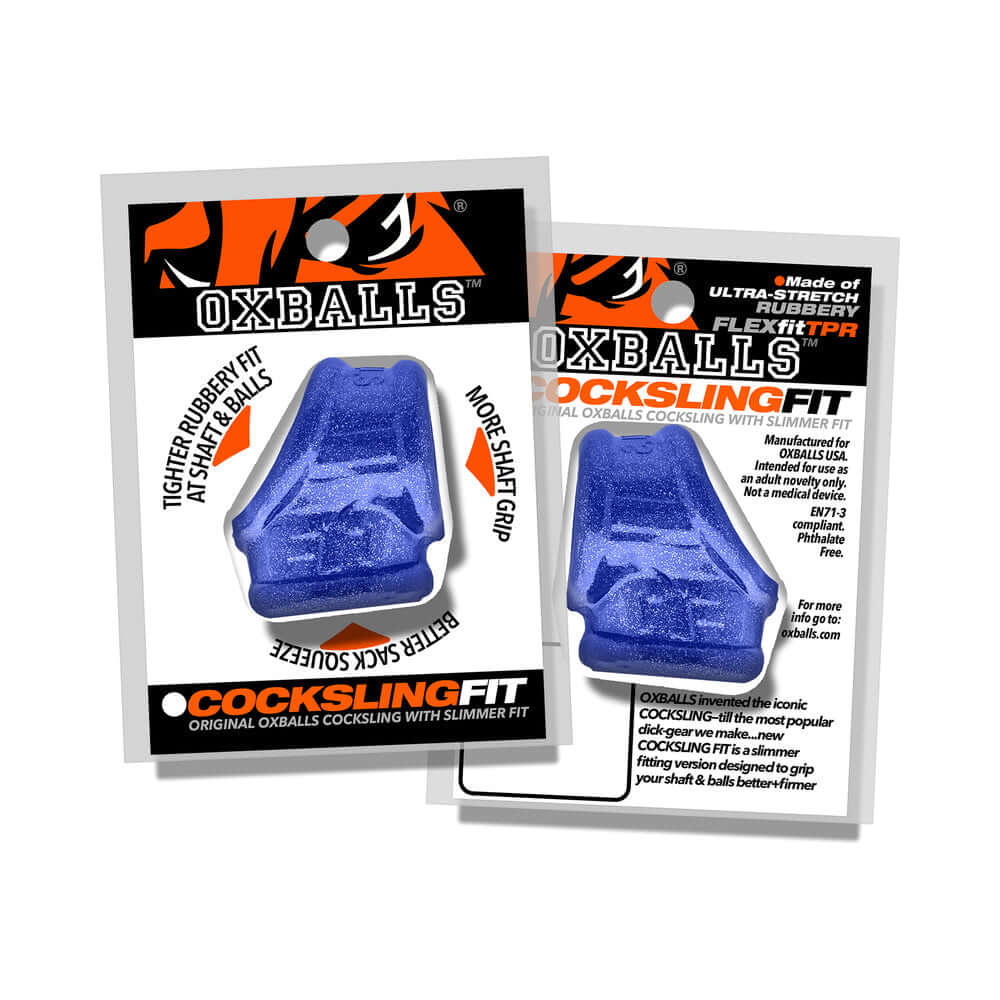 Oxballs Cocksling Fit Sling Blue Fire packaging featuring a tighter rubber fit for better grip and enhanced comfort.
