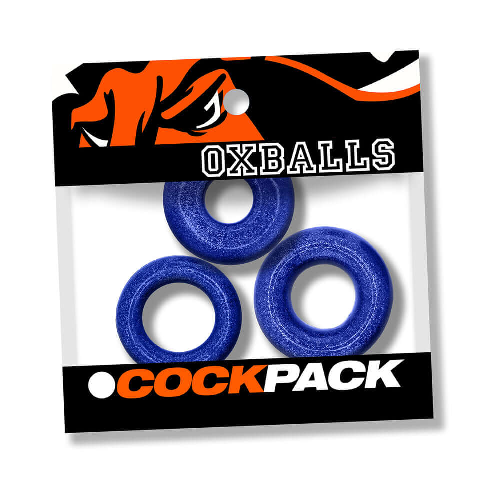 Oxballs Cockpack Multi Design 3-Pack Blue Fire featuring three blue cock rings in packaging.