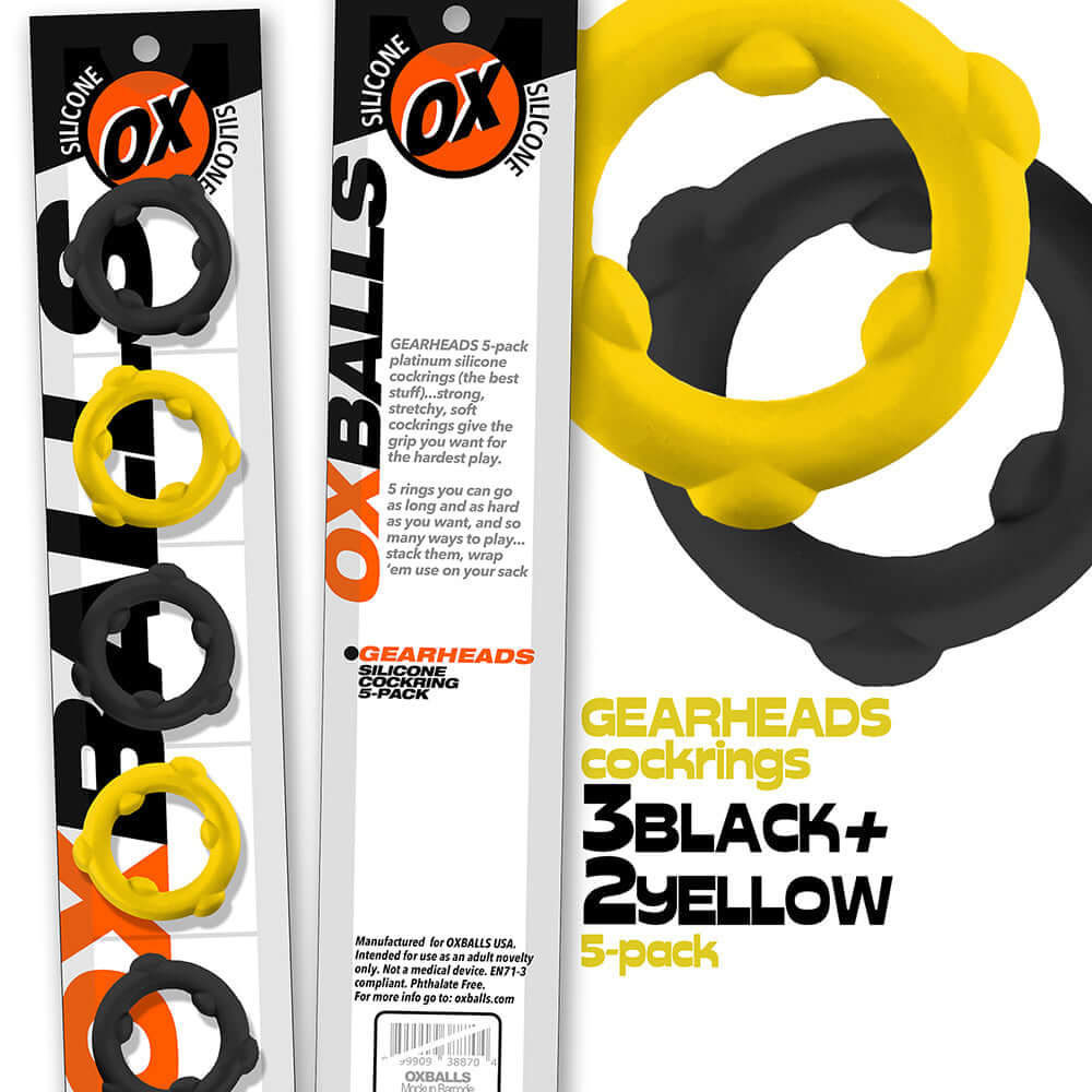 Oxballs Gearheads 5-Pack Spinner Rings Yellow Black displayed featuring three black and two yellow cock rings.