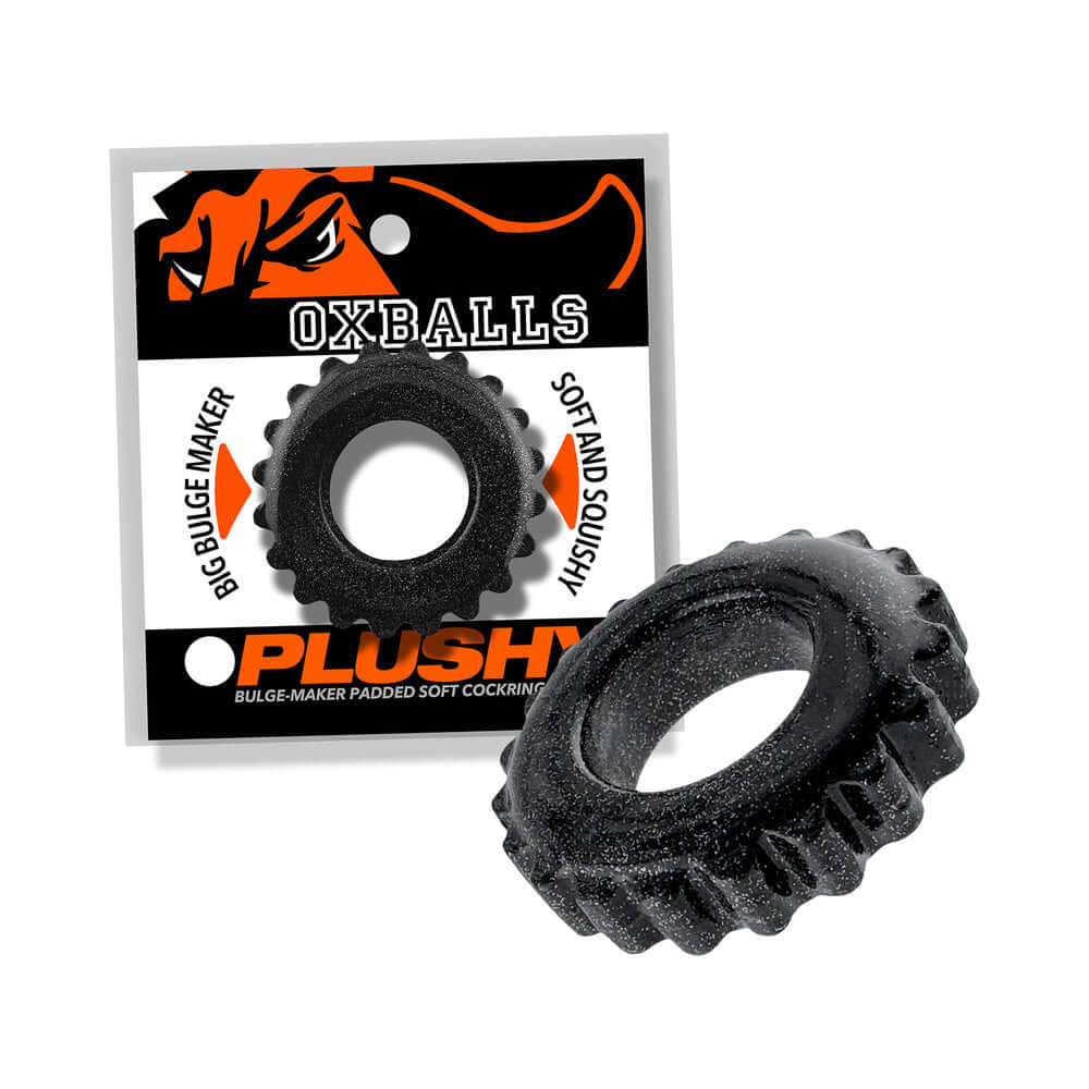 Oxballs Plushy Single Ring Black Mica ultra-soft comfort cock ring with packaging.