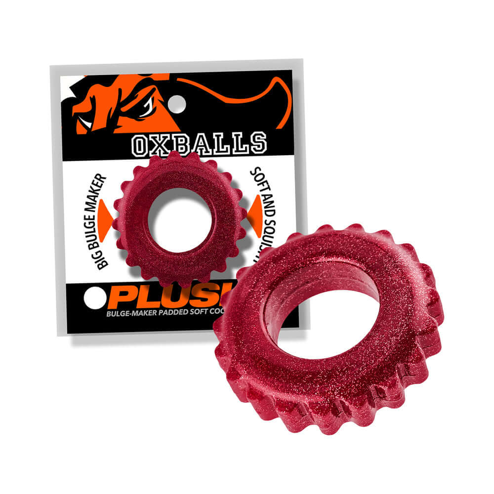 Oxballs Plushy Single Ring Cherry Lips ultra-soft cock ring on packaging, showcasing its flexible design and bright color.
