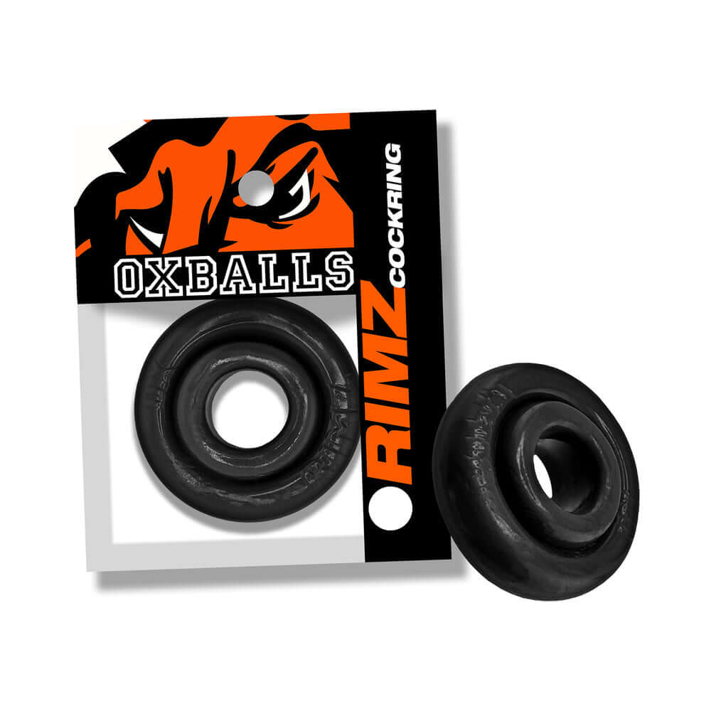 Oxballs Rimz Single Ring Black with packaging, showcasing its flexible comfort-fit design for secure support.